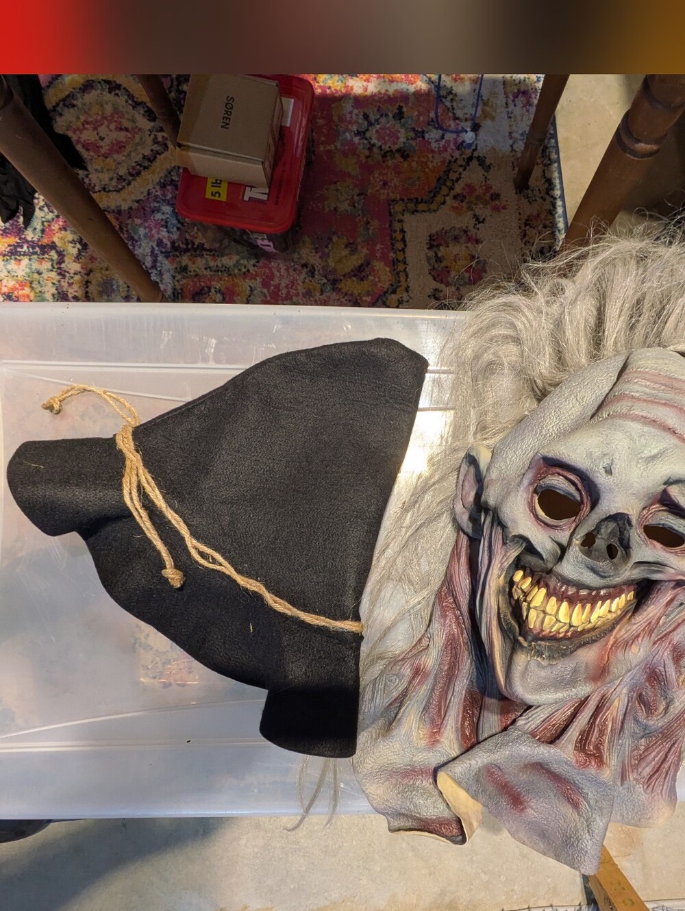 Black Witch Hat and Gray Horror Mask  Costume Set